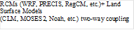 RCMs (WRF, PRECIS, RegCM, etc.)+ Land Surface Models
(CLM, MOSES2, Noah, etc.) two-way coupling
